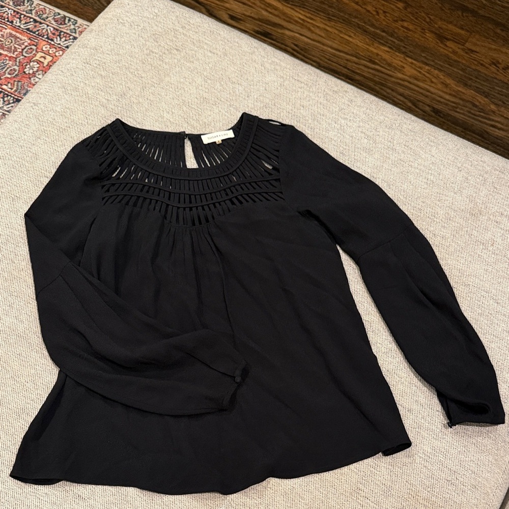 Sugarlips Black Crochet Yoke Long Sleeve Blouse